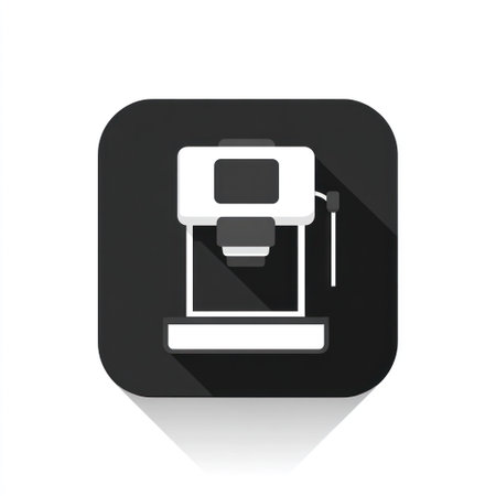 This graphic presents a stylized coffee machine icon against a dark, square background. The image features a clean, minimalist design with contrasting white and black elements. The composition suggests a flat design aesthetic, potentially suitable for various digital and commercial applications such as illustrations or user interface elements.の素材