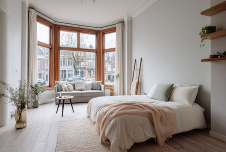 This image showcases a bright bedroom interior with a comfortable bed, soft textiles, and a seating area. Natural light streams in through large windows, highlighting the neutral color palette and simple decor. Suitable for illustrating home design, lifestyle choices, or concepts related to comfort and relaxation in commercial contexts.の素材