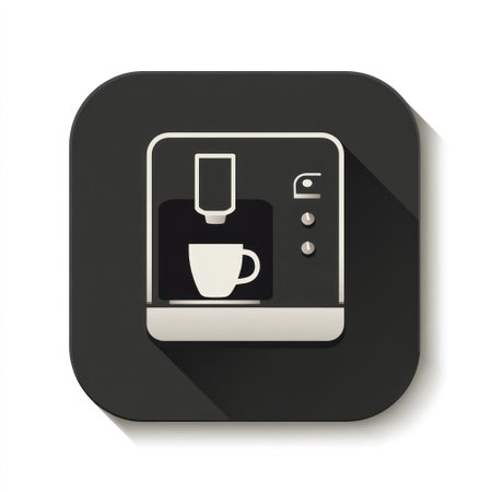 This graphic presents a coffee machine icon set against a dark square. The design utilizes a flat, minimalist style with clean lines and a neutral color palette. The composition features a long shadow. Suitable for various design applications, it is likely intended for commercial use in web design or marketing materials.の素材