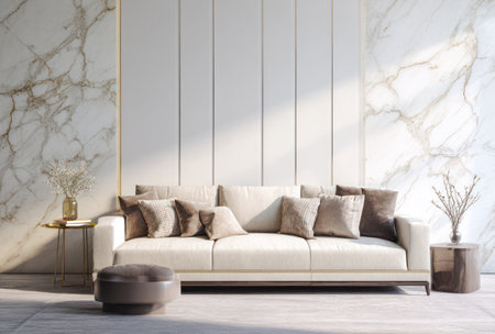 A contemporary interior scene showcases a cream-colored sofa with multiple throw pillows. The composition highlights neutral tones, with marble accent walls and soft lighting. This inviting setting features decorative elements like side tables and plants, suitable for various design projects and commercial applications.の素材