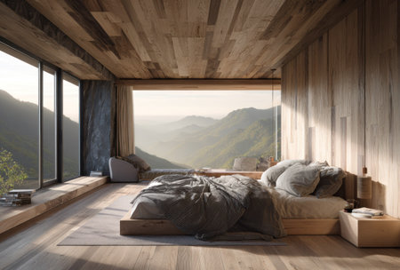 A contemporary bedroom showcases a bed with gray bedding, set against a backdrop of a mountain landscape viewed through a large window. The interior features wood paneling on the walls and ceiling. The soft lighting suggests a peaceful atmosphere, suitable for design and architectural projects.の素材