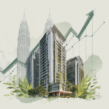 An illustration depicts multiple modern buildings with a superimposed upward trend line suggesting financial growth. The artwork features a soft color palette with green and beige tones. Botanical elements frame the structures, creating a fresh, inviting look. Suitable for real estate, financial, or architectural design concepts and publications.の素材