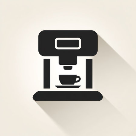 This image presents a modern coffee machine icon, depicted in black against a soft background. It features a cup positioned beneath the machine, suggesting coffee brewing. The composition includes a long shadow, indicating overhead lighting, suitable for design and conceptual applications in multiple commercial contexts.の素材