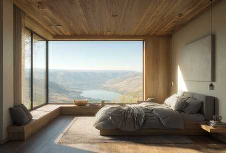 This image showcases a modern bedroom with a large window framing a scenic landscape. The room features a bed, wooden accents, and soft lighting. The composition suggests a sense of calm and serenity. This image is suitable for various commercial uses, including interior design projects and lifestyle publications.の素材