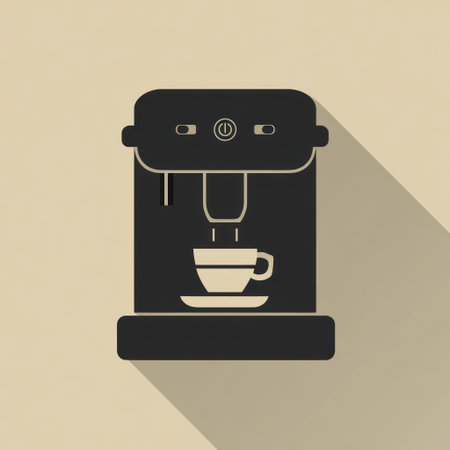 A silhouette of a coffee machine in a minimalist style is set against a soft background. It showcases a simple design, featuring a coffee cup and a clean, shadow. Ideal for various digital projects, it can be utilized in promotional material.の素材