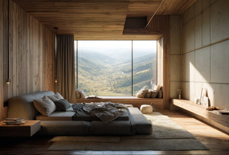 A spacious bedroom features a large window offering expansive views of a mountainous landscape. The room showcases light wooden panels and neutral tones, with natural sunlight illuminating the interior. This image is suitable for architectural, lifestyle, and design-focused content, ideal for various editorial and commercial applications.の素材