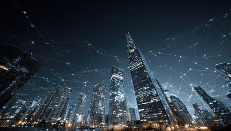 An upward perspective captures a sleek city skyline illuminated against a deep blue night. High-rise buildings are prominently featured, enhanced with visual elements suggesting a complex digital network overlay. The composition emphasizes a futuristic setting potentially useful for various commercial and editorial applications.の素材