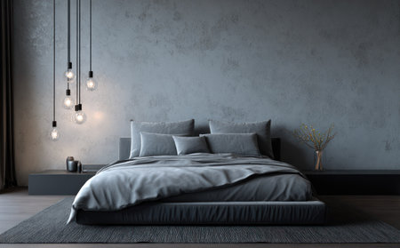 This image showcases a minimalist bedroom design with a large bed covered in gray bedding. The room features a neutral color palette, complemented by ambient lighting from hanging bulbs. The composition offers a sense of calm and could be suitable for interior design projects or commercial publications focusing on home decor or lifestyle.の素材
