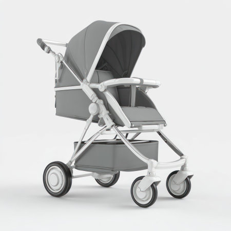 This image showcases a contemporary baby stroller with a sleek design. The stroller features a predominantly gray color scheme, contrasted with white accents. The composition is clean, lit evenly, and positioned against a plain white background. It could be useful for advertising products or illustrating concepts related to childcare.の素材