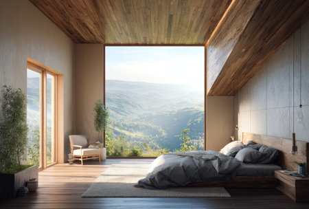 A spacious bedroom features a large window offering panoramic views of a mountainous landscape. The room showcases a minimalist design with a wooden ceiling and floor. Natural light floods the space, enhancing the neutral color palette. This image is suitable for various commercial uses, including interior design and lifestyle themes.の素材