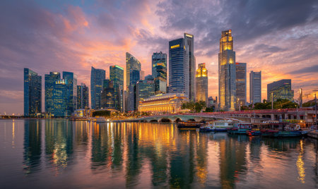 A cityscape features towering buildings reflecting in tranquil water under a vibrant sunset sky. The composition showcases a horizontal arrangement with architectural forms against colorful clouds. The scene suggests a modern urban environment with potential uses in commercial advertising, illustrating financial or real estate concepts.の素材