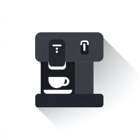 A flat illustration showcases a coffee maker on a plain background. The design features a minimalist approach with a monochrome color palette, clean lines, and geometric shapes. The lighting appears soft, creating a subtle shadow. This image could be used for various commercial or editorial purposes.の素材