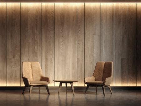 Two armchairs and a small round table are arranged in front of a wooden wall. The scene is illuminated by ambient lighting, creating a warm and inviting atmosphere. The design exhibits a minimalist style, likely used for commercial projects, presentations, or interior design concepts. The composition focuses on simplicity and clean lines.の素材