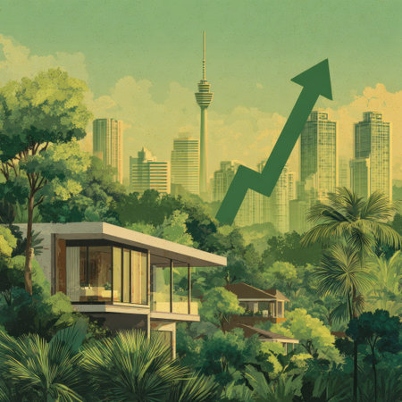An illustration depicts a contemporary house nestled within lush greenery, featuring a cityscape in the background. A green arrow ascends, suggesting growth. The artwork uses a vibrant color palette, with soft textures and stylized composition. The image could be suitable for promotional materials related to housing, investment, or urban development.の素材