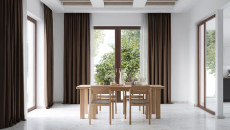 A contemporary dining room is depicted with a wooden table and chairs, set against a backdrop of brown curtains and bright daylight streaming through the windows. The scene features a minimalist style with neutral colors, a clean composition, and is suitable for various editorial and commercial applications.の素材