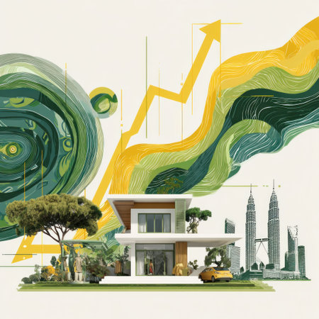 An architectural illustration showcases a contemporary house set against an abstract backdrop of financial growth. The composition incorporates shades of green and yellow, suggesting an economic concept. This imagery could be employed in various commercial applications. It creates a feeling of growth and success and may be used for editorial purposes.の素材