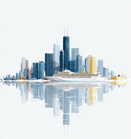A stylized illustration presents a metropolitan skyline alongside a cruise ship, emphasizing symmetry. The composition uses a cool color palette with various shades of blue and gold. The scene suggests a modern urban environment with a reflective effect. Suitable for diverse design projects, and advertising content.の素材