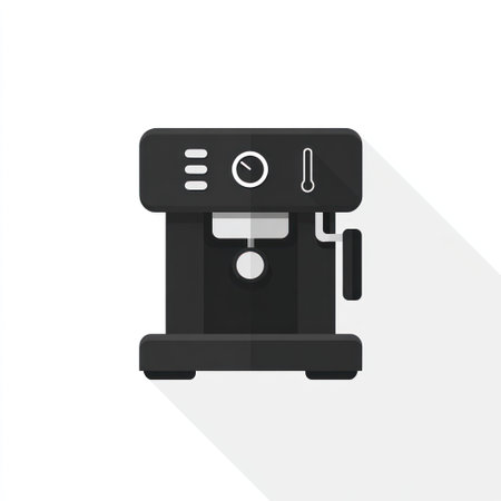 An illustration features a modern coffee machine, rendered in a minimalist style. The machine has a dark color and a long shadow. The overall composition is clean, with the object placed on a white background. This image is suitable for commercial and editorial applications.の素材
