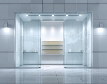 This image showcases a modern interior featuring a glass elevator design. The structure includes glass doors and panels, complemented by overhead lighting. The composition displays a minimalist style with a clean, reflective floor and neutral tones. Suitable for architectural, design, or commercial projects.の素材