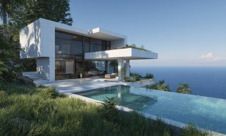 A contemporary house features a sleek design with expansive windows and a flat roof. An infinity pool extends towards the sea. The image showcases bright sunlight and a vibrant blue sky, suggesting a coastal setting. Potential uses include architectural visualization or real estate marketing material.の素材