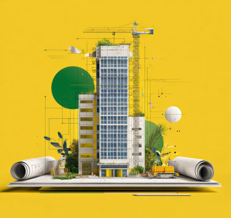 An architectural concept showcases a skyscraper under construction, presented with blueprints and a yellow backdrop. The image features a vibrant color palette, technical lines, and abstract elements. Suitable for illustrating innovation and development, it could be used in promotional materials or educational content.の素材