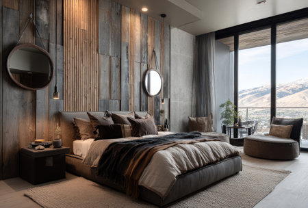 This interior photograph presents a modern bedroom design featuring a prominent wooden accent wall. The scene includes a large bed, decorative mirrors, and expansive windows offering a scenic view. Soft lighting creates a warm atmosphere, suitable for various design projects and editorial content.の素材