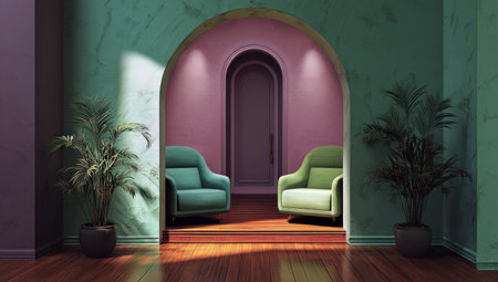 This interior design showcases a conceptual space featuring a central arched doorway leading to a further area. Two armchairs are positioned facing each other. The composition uses pastel color tones, creating a tranquil atmosphere. The scene may be used for architectural visualization, design concepts, or commercial projects.の素材
