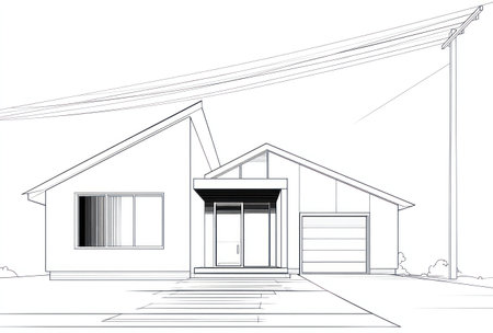 This black and white architectural drawing depicts a modern house featuring a garage, windows, and entry door. The illustration showcases clean lines and a simple design, suggesting a contemporary aesthetic. Overhead power lines and a driveway are also visible. Suitable for use in architecture, construction, and design-related projects.の素材