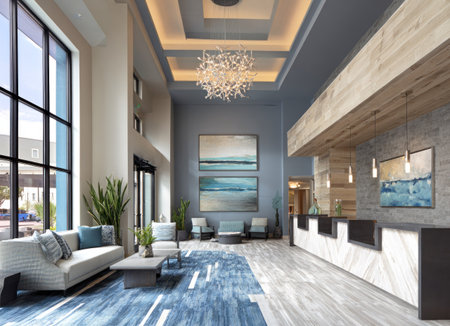 An interior shot showcases a modern hotel lobby, featuring a spacious reception area and comfortable seating. The scene is illuminated by ambient lighting, highlighting the textures of wood and marble. The composition and style suggest potential uses for architectural or interior design projects, advertising, or as background imagery.の素材