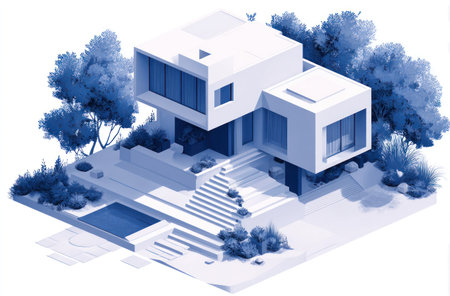An illustration depicts a contemporary house surrounded by landscaping elements. The design features a two-story structure with large windows and a minimalist aesthetic. The color palette primarily uses shades of blue, creating a cool and calming visual effect. Suitable for architectural visualizations, property presentations, and real estate marketing materials.の素材
