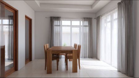 A contemporary dining room is depicted, showcasing a wooden table and chairs. The scene features neutral tones, with white walls and soft natural lighting coming through the windows. The composition is clean and minimalist, offering potential for commercial applications or illustrating interior design concepts. The atmosphere suggests a sense of calm and simplicity.の素材