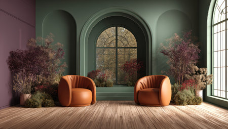 This interior design showcases two orange armchairs set against green walls and arches. The composition features lush greenery, a large window, and wooden flooring. The lighting highlights the textures and shapes, creating a visually appealing space. Ideal for design publications, advertising, or lifestyle content.の素材