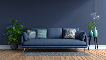 A contemporary interior scene showcases a blue sofa, set against a dark blue wall. Complementing the furniture are potted plants, decorative cushions, and small tables. The composition is well-lit, suggesting a comfortable domestic space, suitable for various design, lifestyle, or architectural projects.の素材