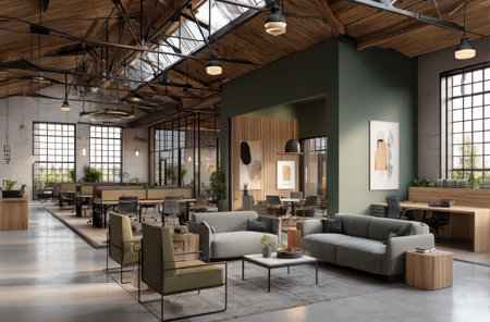 An expansive industrial loft interior showcases a comfortable seating arrangement and a dining area. The space features wooden beams, large windows, and a mix of materials. The color palette includes natural tones and muted greens, creating a serene environment. Suitable for architectural, interior design, or lifestyle visual content.の素材