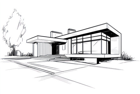 An architectural sketch presents a modern house design, featuring clean lines and a minimalist aesthetic. The image showcases a perspective view with a simple tree nearby. The overall style suggests a potential use in real estate promotion or architectural illustration. The drawing utilizes black and white tones.の素材
