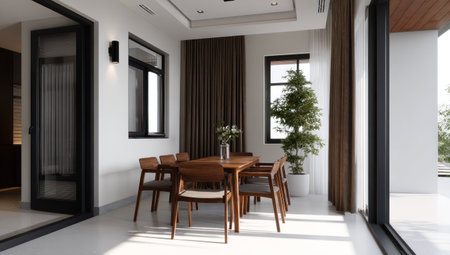 An interior shot captures a dining area featuring a wooden table and chairs, complemented by a large potted tree. The scene showcases a contemporary design with natural light. The image could be used for architectural concepts, home decor promotions, or editorial content related to lifestyle.の素材