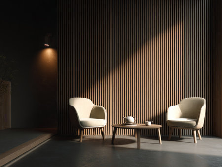 Two armchairs and a small table sit in a room with vertical wooden paneling, bathed in angled sunlight. The scene is lit by a warm light source, creating distinct shadows. Suitable for use in architecture, interior design, or lifestyle advertising.の素材