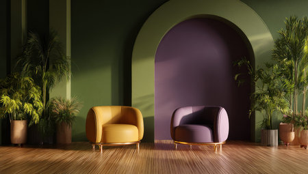 Two armchairs are featured in a well-lit interior, complemented by lush greenery and a decorative arch. The scene utilizes a contrasting color palette, with golden and purple tones alongside green walls. This image evokes a sense of modern design, suitable for architectural, lifestyle, and home decor content.の素材