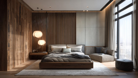 A contemporary bedroom showcases a bed as the focal point, complemented by wooden wall panels and a large window. Soft lighting, neutral colors, and a minimalist design create a serene ambiance. This image is suitable for illustrating concepts of interior design, home decor, and lifestyle, perfect for diverse editorial and commercial applications.の素材