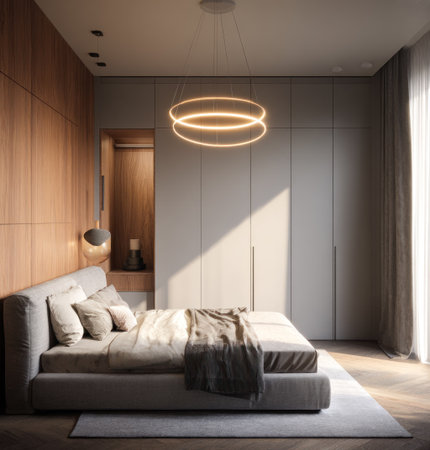 A contemporary bedroom scene featuring a bed, illuminated by an overhead light fixture. The room showcases light neutral tones, with wooden accents and a wardrobe adding depth. The composition includes soft lighting and textures, suggesting a comfortable and stylish environment suitable for design and lifestyle publications.の素材