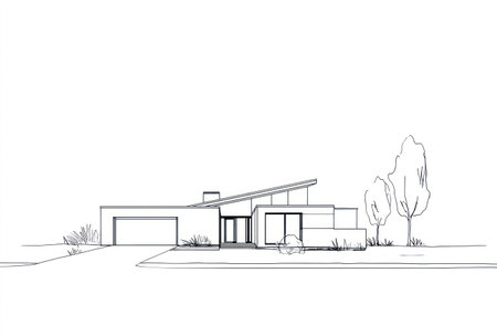 This image showcases a modern house design in a minimalist style. The architectural rendering features clean lines, a sloped roof, and large windows. The grayscale presentation suggests a blueprint or conceptual model. It's suitable for illustrating architectural projects, design concepts, or property development, and can be used in diverse commercial contexts.の素材