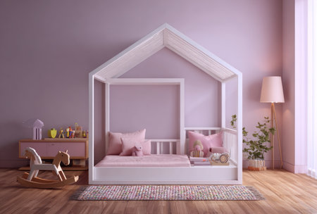 A children's bedroom features a modern, house-shaped bed frame in white, complemented by pink pillows and bedding. A wooden horse, small side table with toys and a lamp stand in the corner. Soft lighting and pastel colors create a tranquil ambiance, suitable for various interior design projects or family-related visuals.の素材
