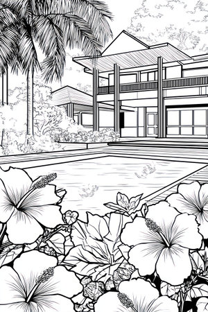 An illustration depicts a modern house with a pool, surrounded by tropical plants. The image showcases a black and white line art style, featuring hibiscus flowers in the foreground and palm trees. It is suitable for architectural designs, decorative elements, and conceptual visuals.の素材