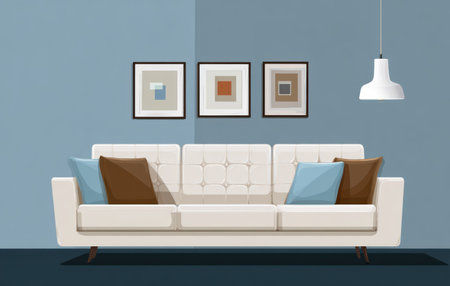 A vector illustration depicts a contemporary living space. A white sofa is centered against a blue wall adorned with framed artwork. Soft blue and brown throw pillows offer a subtle color contrast. Overhead lighting adds visual interest. This image is suitable for various commercial uses, including home decor and design themes.の素材