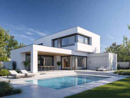 A contemporary white house is presented with a large swimming pool. The architectural design features clean lines and large windows. The scene is bathed in bright sunlight, emphasizing the light and shadow play. Suitable for use in architecture, real estate, or design publications.の素材