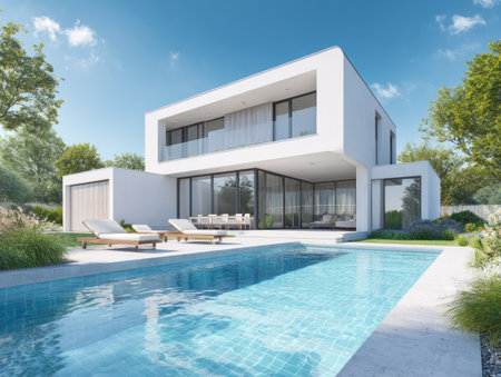 A contemporary white house features large windows and a swimming pool in this architectural rendering. The composition presents a sunny outdoor scene, highlighting clean lines and a minimalist aesthetic. This image is suitable for use in design, real estate, or lifestyle publications and commercial projects requiring visual elements.の素材