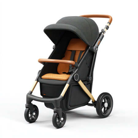 A stylish stroller is shown against a plain white backdrop. The design incorporates a black frame with wooden accents and brown leather seating. The image displays a clean and minimalistic style, appropriate for product presentations and design-focused applications. It can be used in advertising, or editorial contexts.の素材
