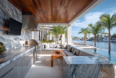 An outdoor kitchen features marble countertops and stainless steel appliances. A seating area with comfortable cushions overlooks a pool and waterway. The scene, bathed in daylight, has wood accents and palm trees suggesting a luxurious outdoor entertainment area suitable for lifestyle and design publications.の素材
