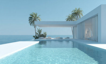 A contemporary white villa with a rectangular pool facing the ocean. The scene is bathed in clear light with minimal shadows. Lush palm trees and vegetation frame the structure. This image would be ideal for architectural, travel, or lifestyle publications and commercial projects.の素材