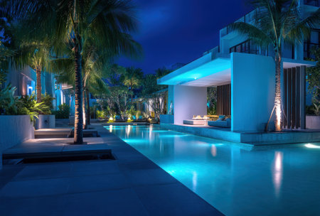 Architectural photograph presents a contemporary resort at night. The image showcases a tranquil pool reflecting ambient lighting. Lush tropical foliage surrounds the structure. The composition utilizes geometric lines and shadows. This imagery can be used for travel, hospitality, or design-related content.の素材